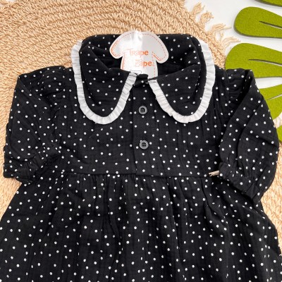 Inverno 2025 - Vestido Manga Longa Poá com Gola - Preto e Branco